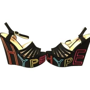 Qupid HYPE Black Velvet Heels Size 8 Bright Colored Emb Platform Open Toed Shoes